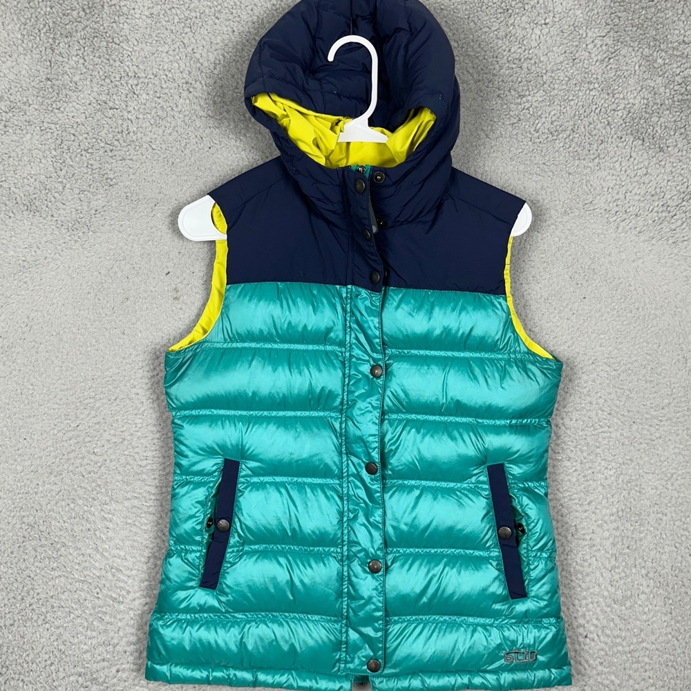 Stio Puffer Vest Womens Medium Goose Down Hooded Teal Navy Colorblock Zip Up EUC
